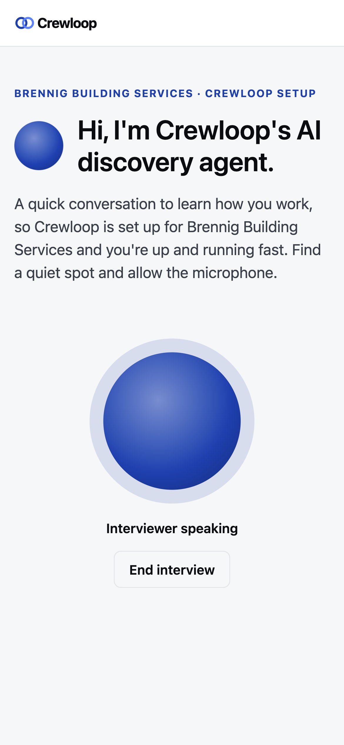 A conversation in progress on a phone: Crewloop's AI discovery agent speaking