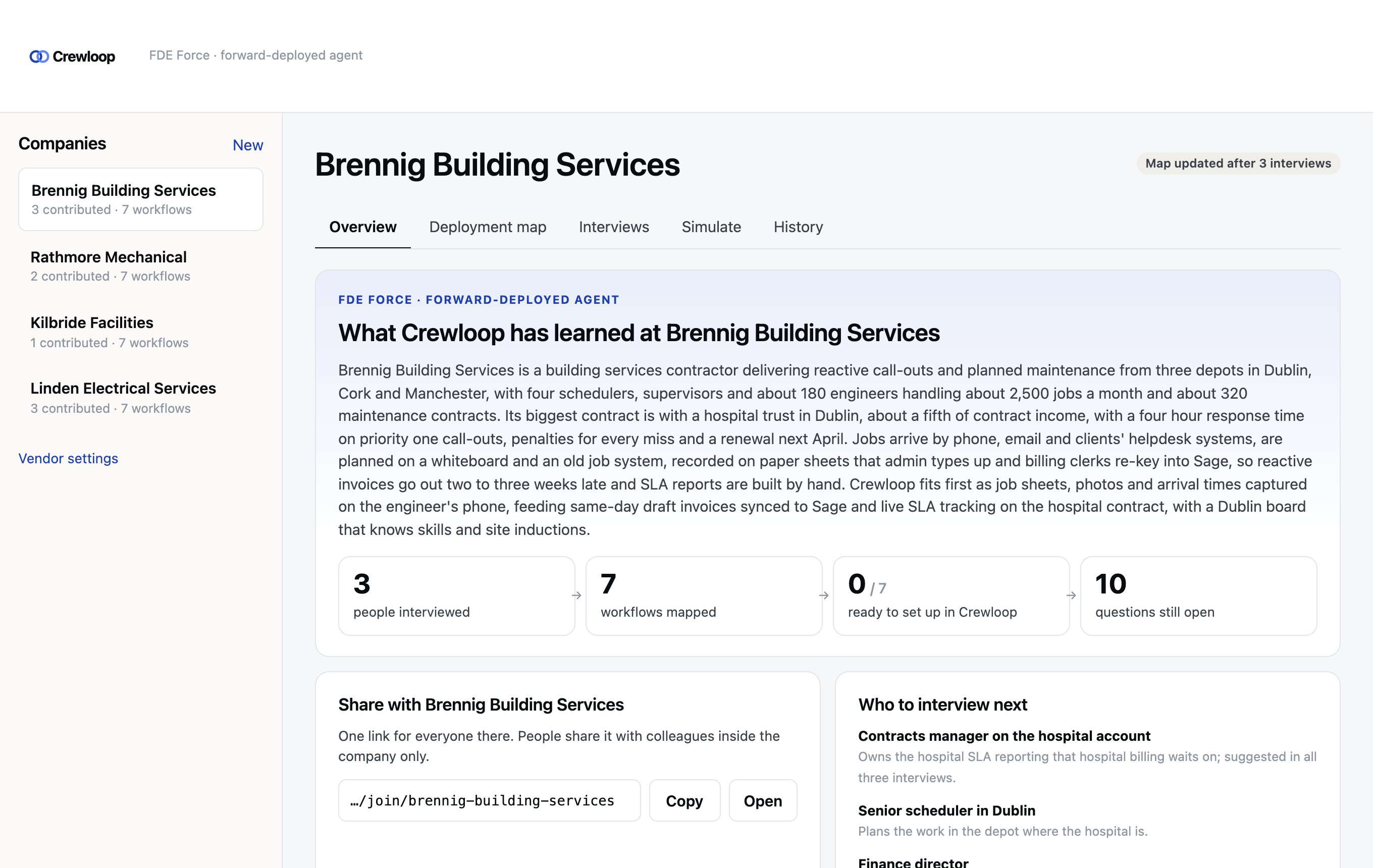 Crewloop's console for its customer Brennig Building Services: what has been learned, people spoken to, workflows mapped, questions open, who to talk to next
